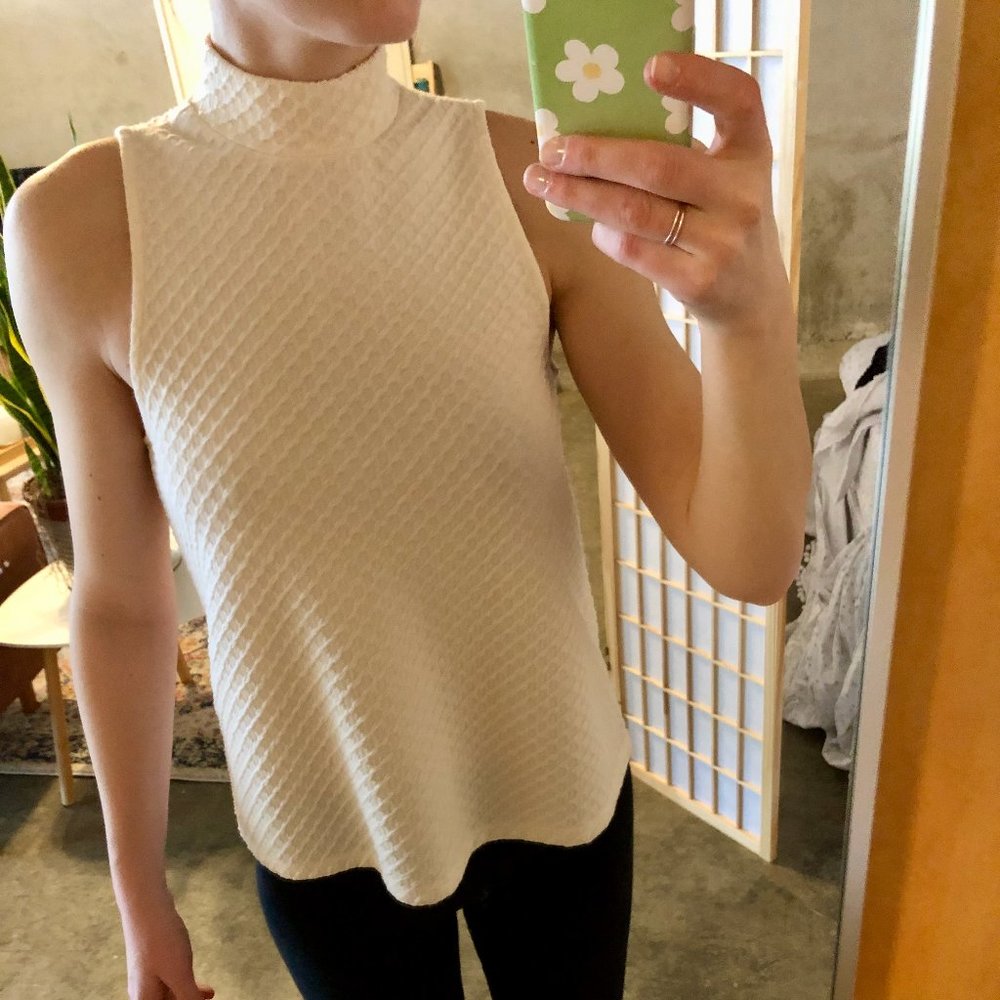 Anthropologie Cream Textured Sleeveless Mock Neck Top